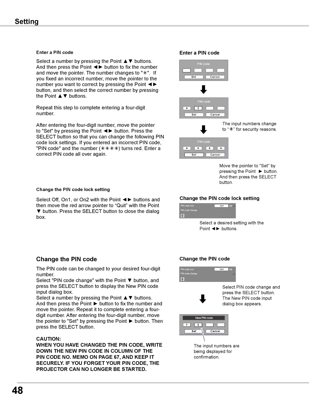 Sanyo PLC-WXE46 owner manual Change the PIN code, Change the PIN code lock setting 